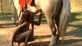 Nude spouse deepthroats massive equine dick till cum coats her visage